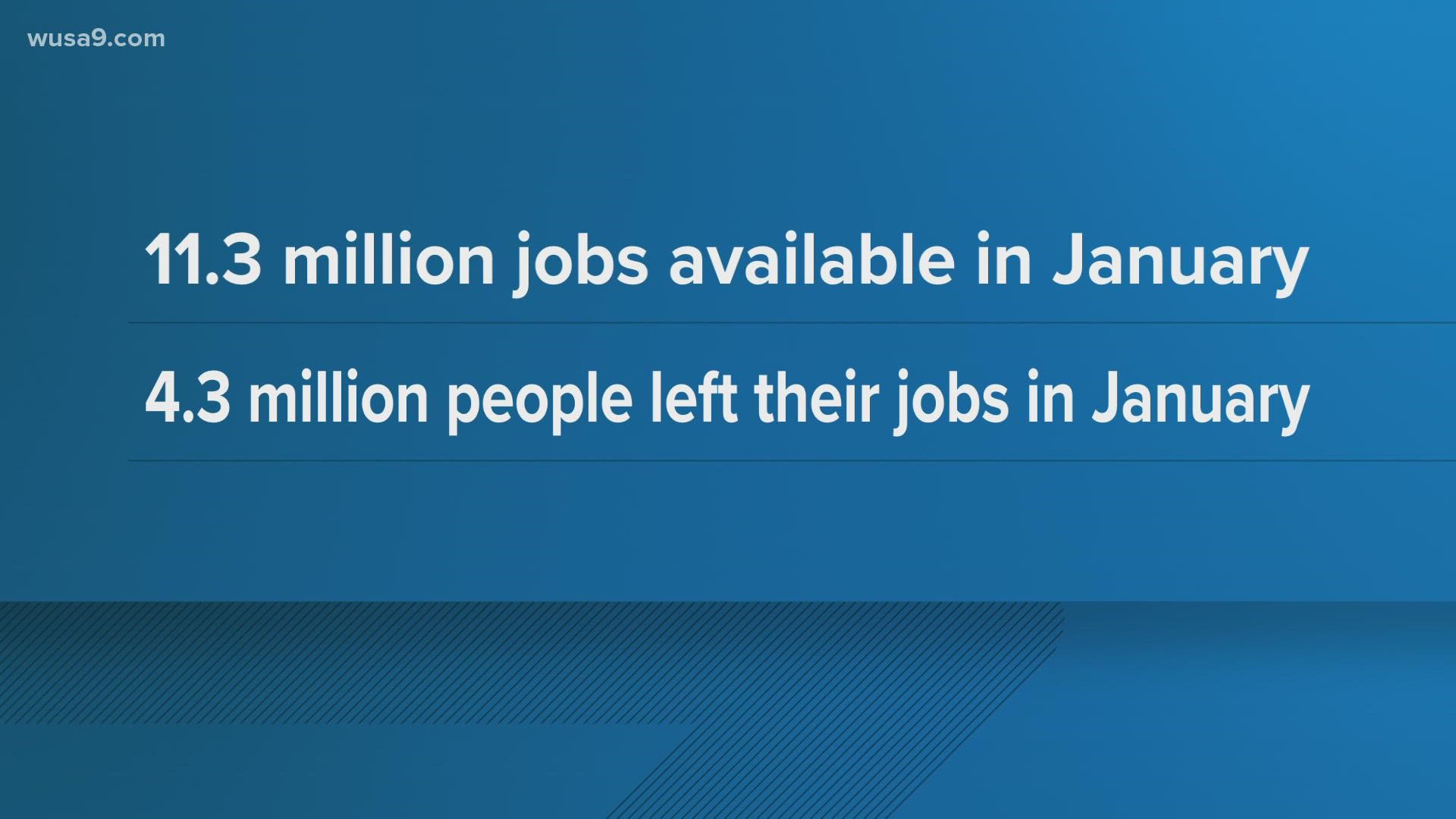 11.3 million jobs were made available in January and 4.3 million people left their jobs that month, so workers still have the upper hand.