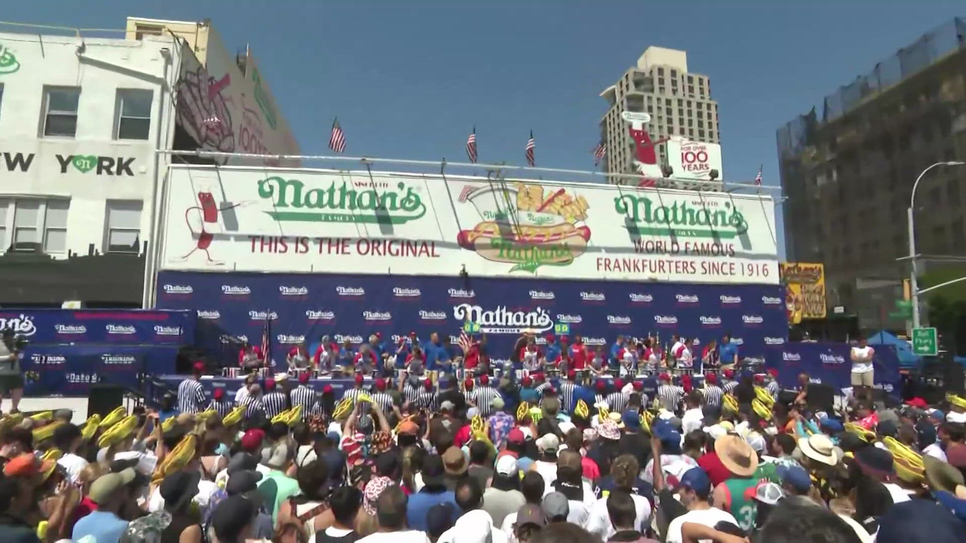 After a one-year ban, Joey Chestnut was back in action. 