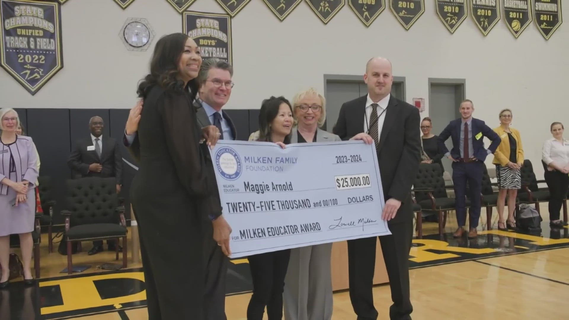 A Maryland math teacher was surprised with $25,000 and the educators' version of an Oscars award.