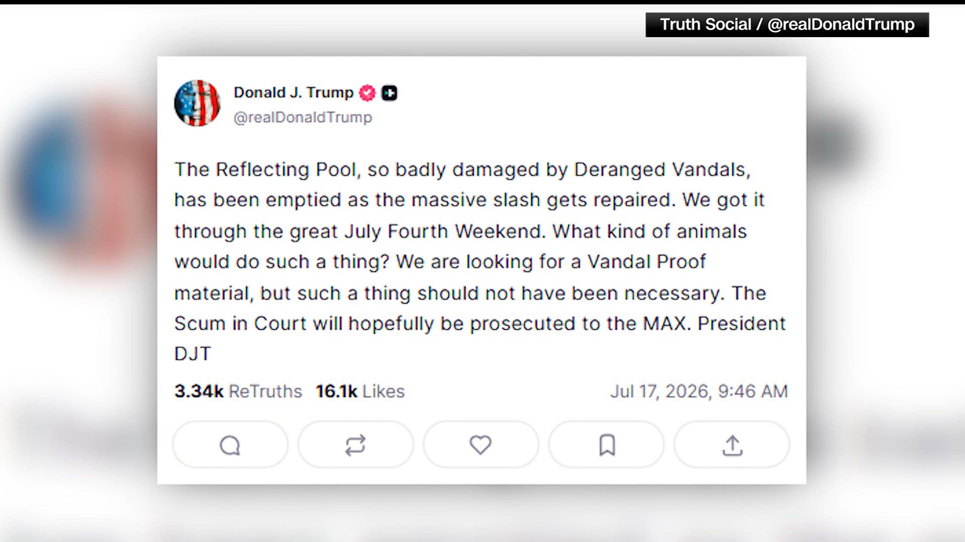 Trump says he's searching for 'vandal proof' material for DC's