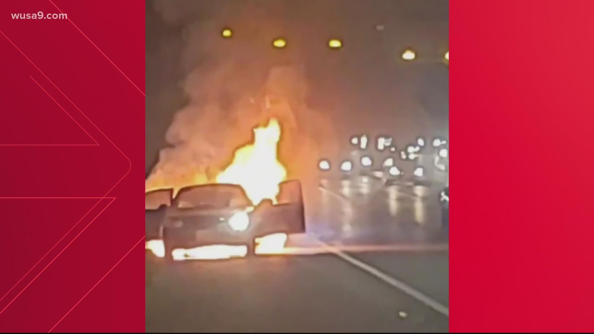 DC Police say the car caught fire and several other cars were disabled due to an object in the roadway.