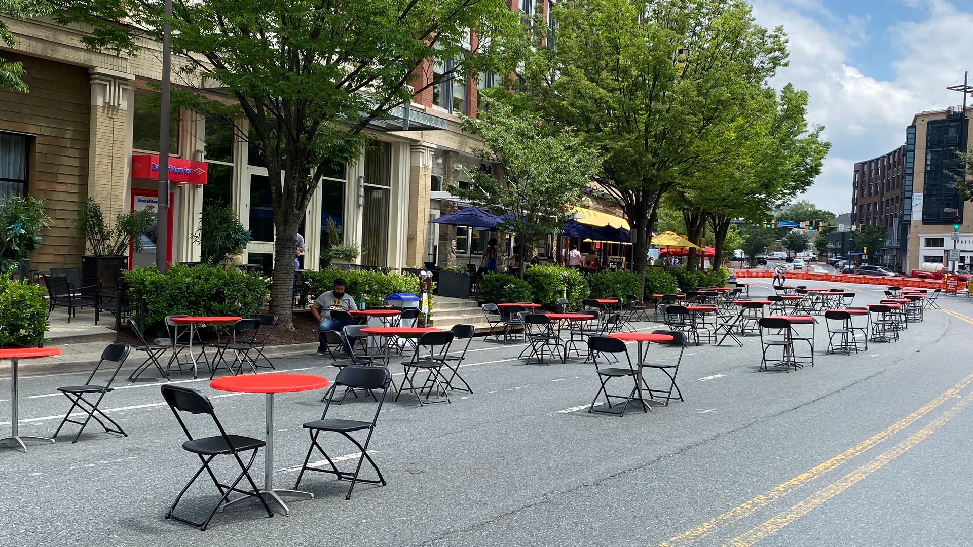 Several blocks in downtown Bethesda are closed to allow restaurants to expand outdoor dining to comply with COVID-19 social distancing guidelines.