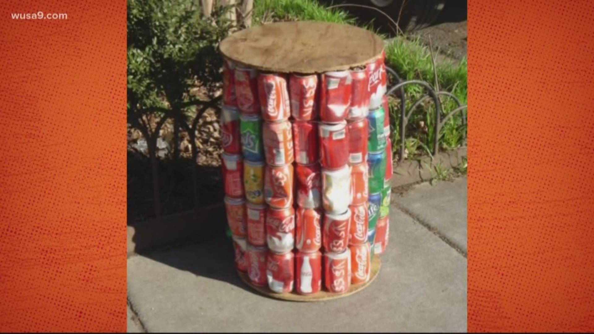 A makeshift end table made from soft drink cans and electrical wire? Well, one man's trash is another man's IKEA living room set ... right?