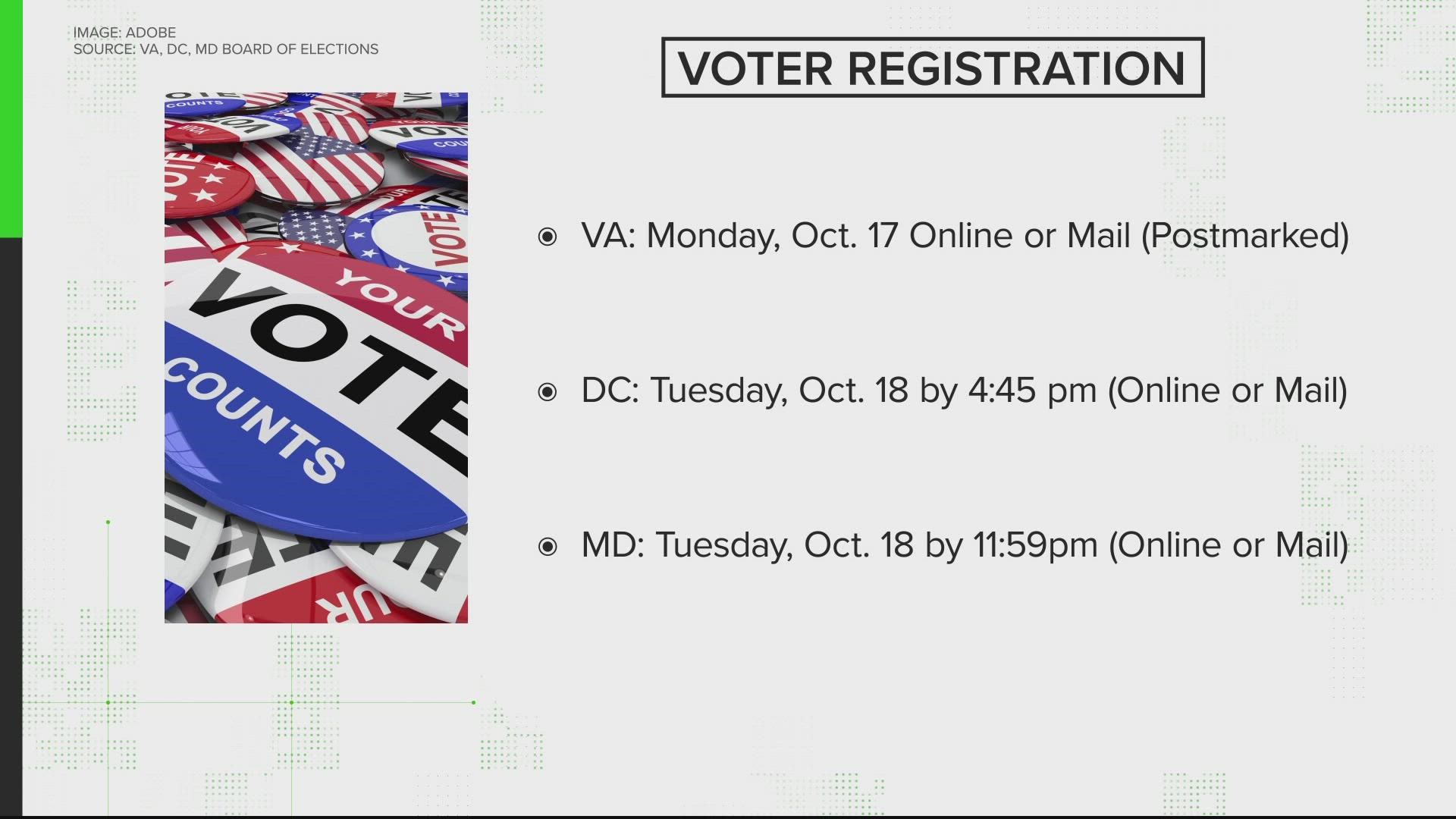 The general election is quickly approaching and so is your deadline to vote in D.C., Maryland, and Virginia.