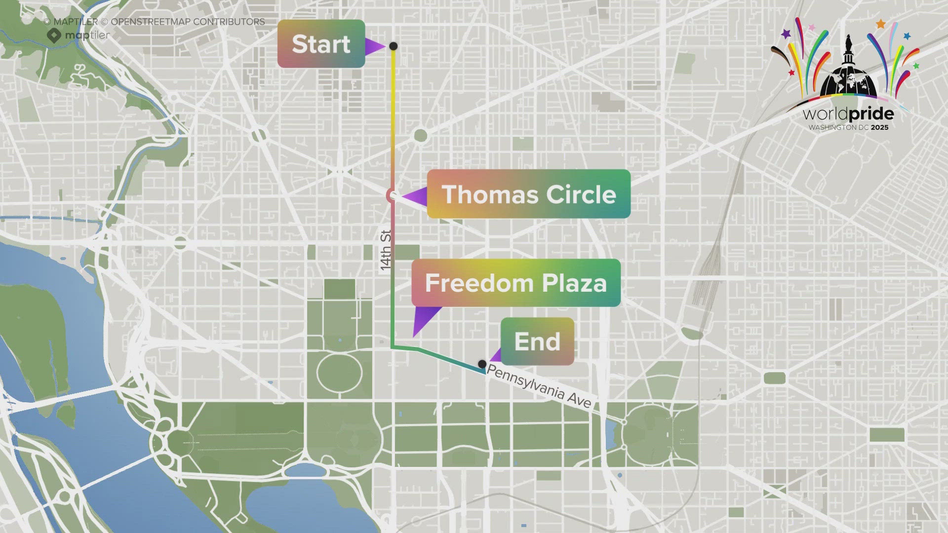 The 1.8-mile parade route heads down 14th Street through Thomas Circle and on Pennsylvania Avenue, ending near the Navy Memorial. 