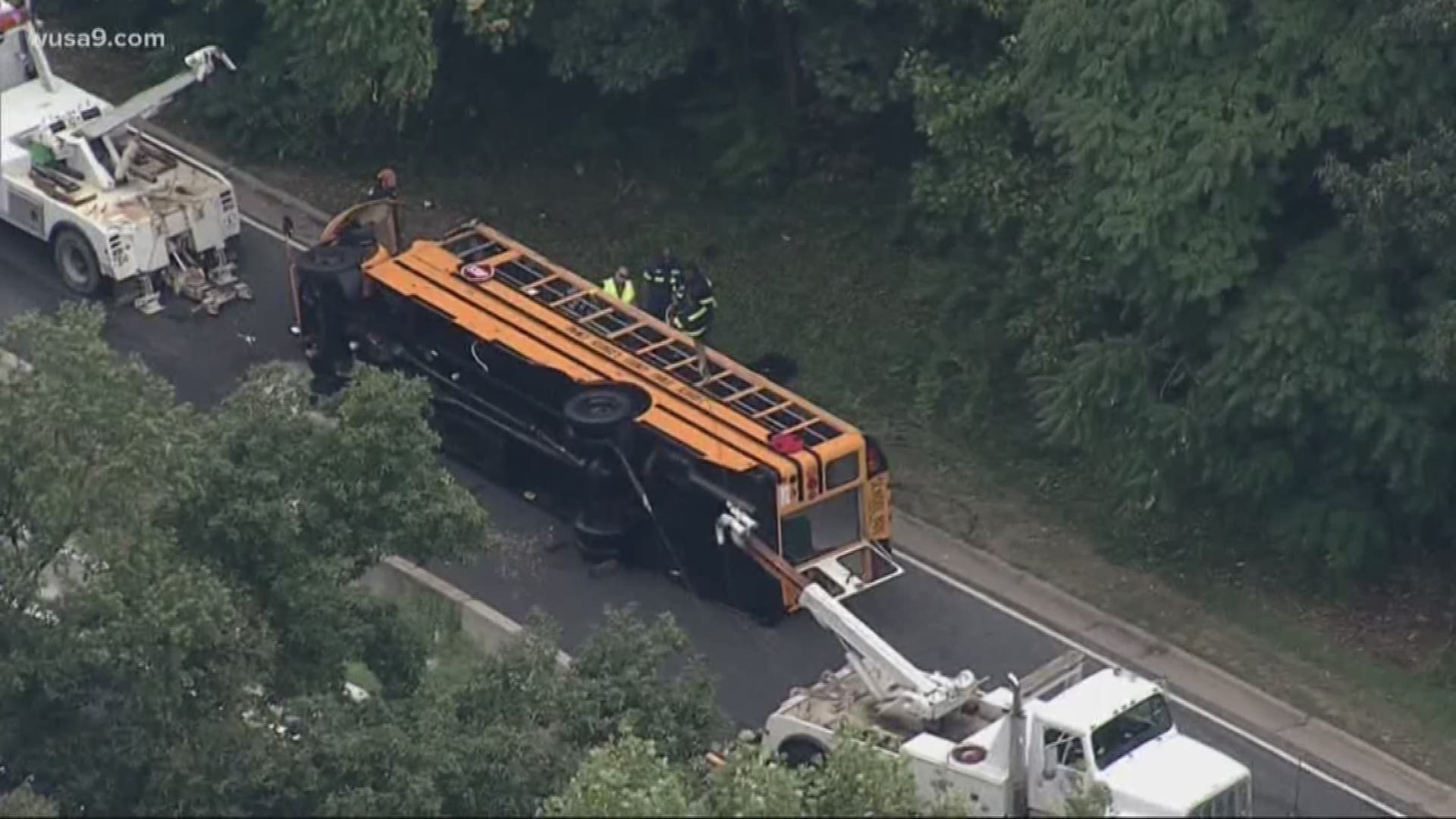 A school bus overturned on the northbound lanes of the Baltimore-Washington Parkway.
The incident happened near Riverdale Road Wednesday afternoon.
No students were on the bus at the time and the driver was not injured.