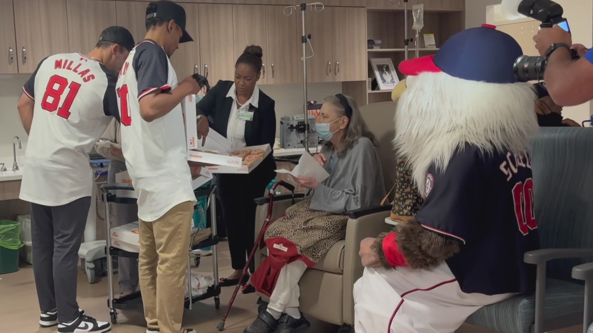 Second baseman Darren Baker and catcher Drew Millas brought coffee and donuts to the Inova Schar Cancer Center for National Coffee Day.