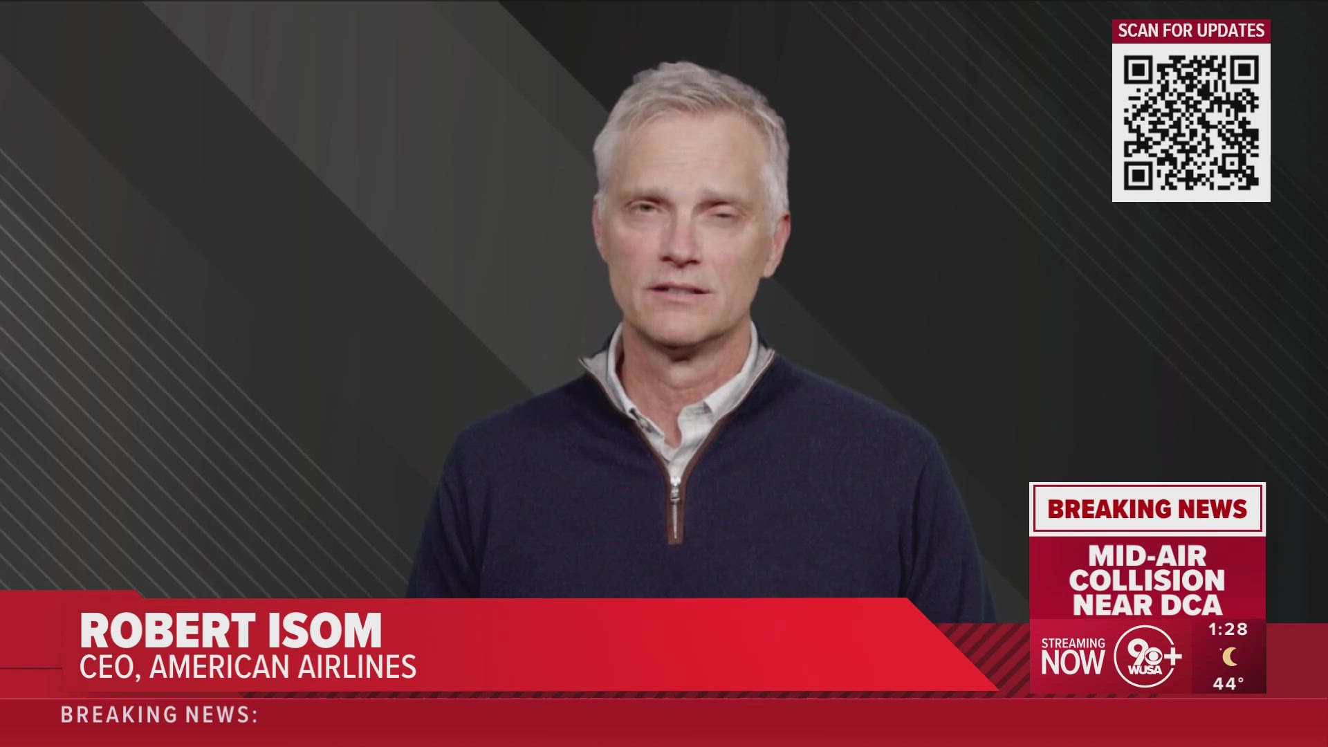 CEO Robert Isom will travel to Washington, D.C., after an American Airlines flight from Wichita, Kansas crashed into the Potomac while landing at DCA. 