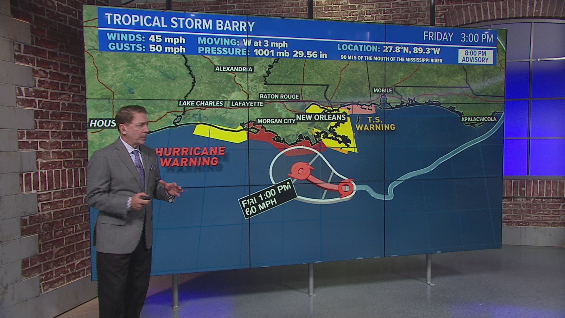 Barry may become a hurricane before landfall. Hurricane and Tropical Storm Warnings have been issued for the Louisiana coast.