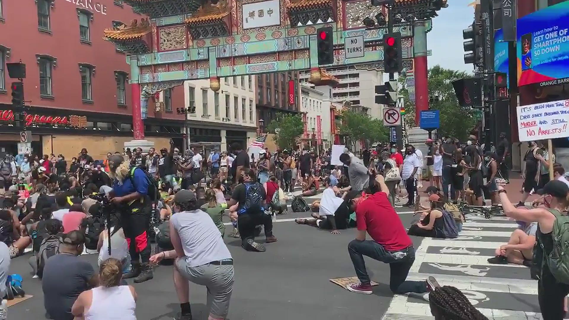 Washington, D.C. protesters took a knee for 8 minutes and 46 seconds in honor of George Floyd. That's the amount time police had his knee on FLoyd's neck.