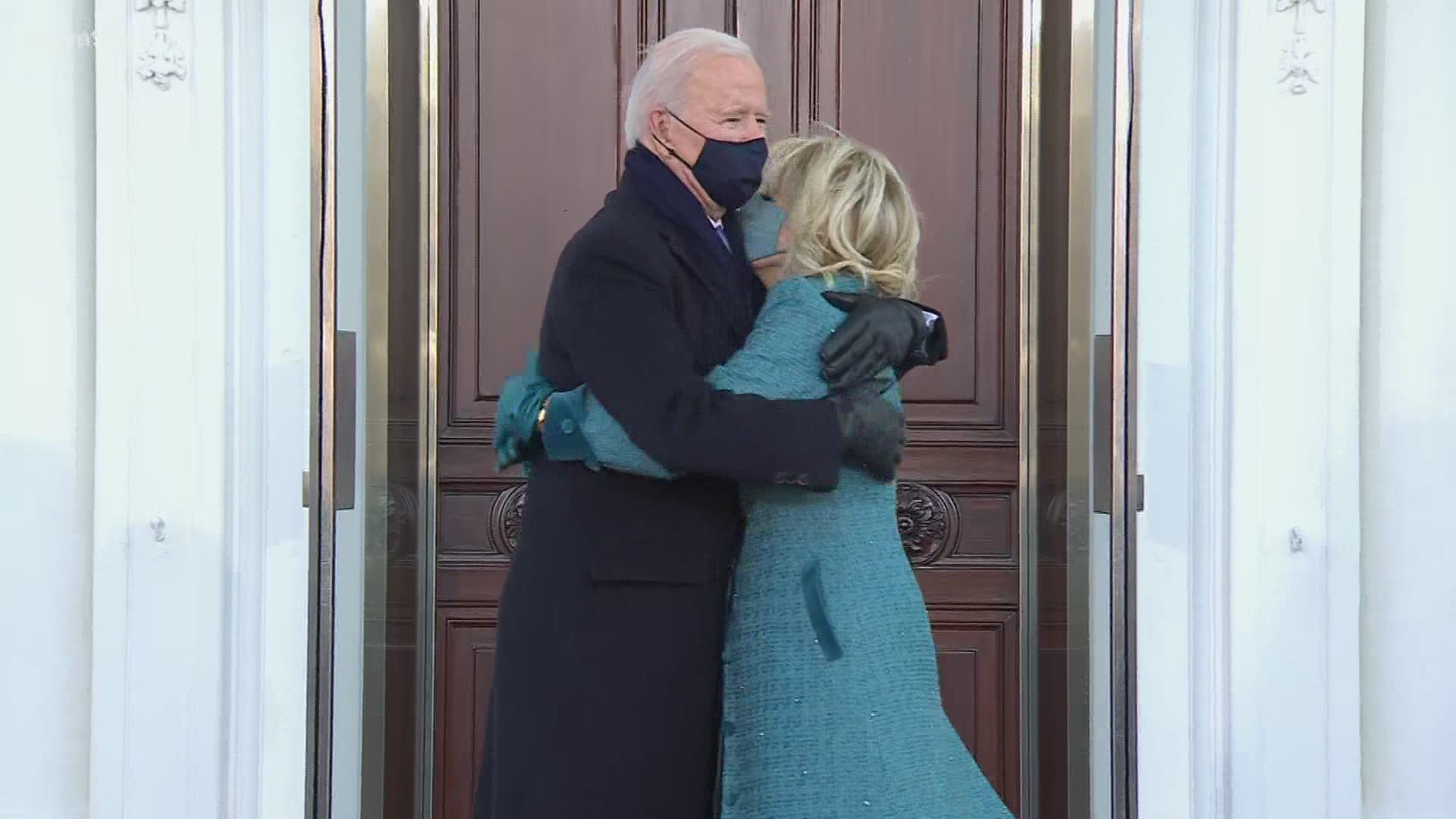 President Joe Biden enters into the White House with wife Jill Biden and family members on Inauguration Day.