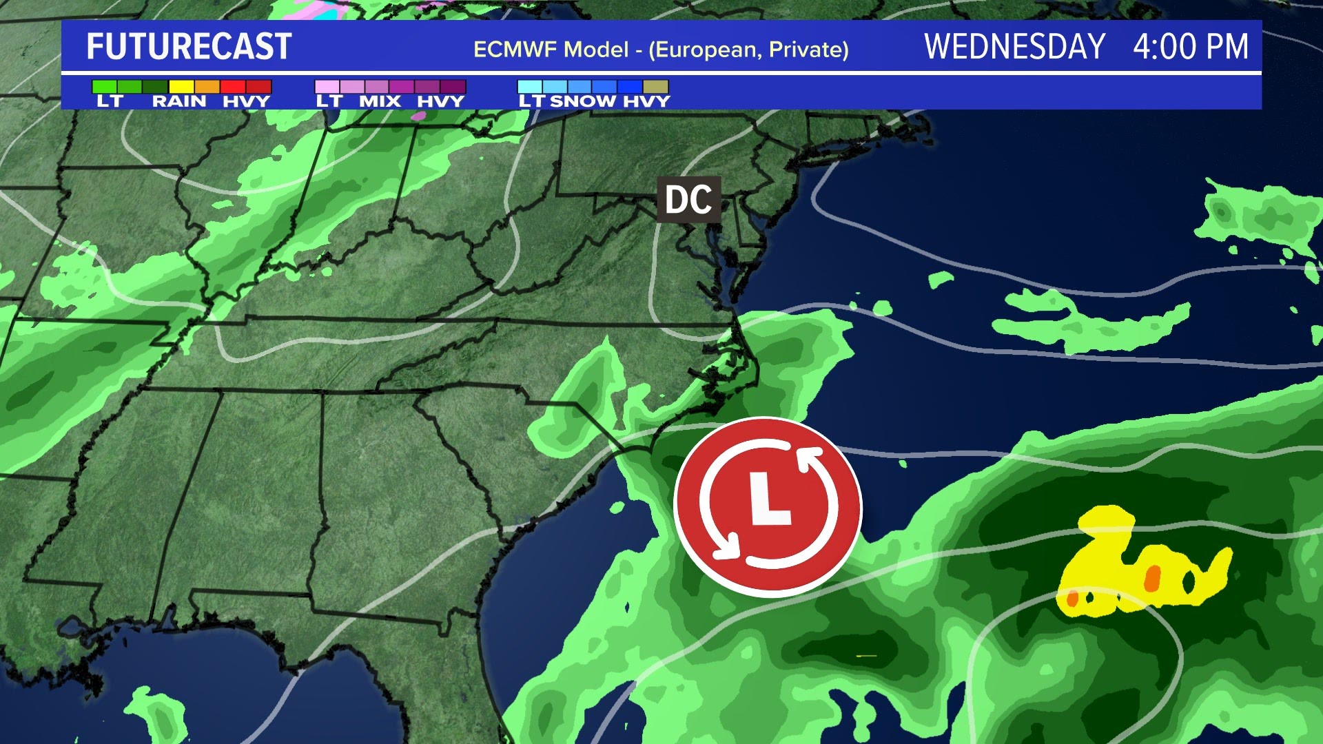 An area of low pressure moves up the coast, strengthening as it does so. It will bring rain to DC, then high winds, rain and snow in the northeast and New England.