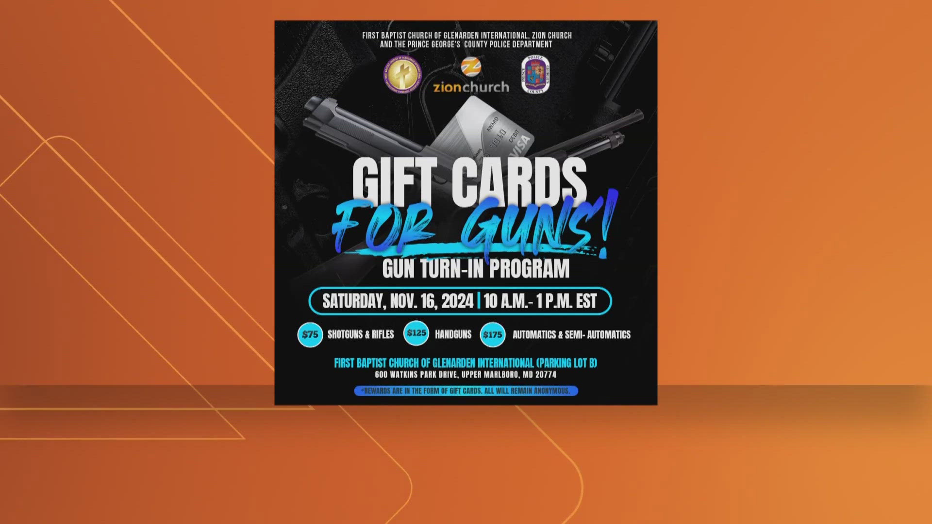 The event starts at 10 a.m. in Upper Malboro. Attendees can get a $125 gift card in exchange for handguns and a $175 gift card for Automatics & Semi- Automatics.