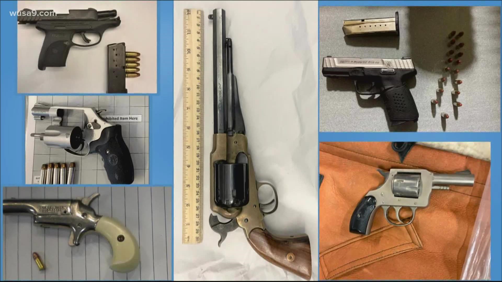 TSA officials confiscated 72 guns from DCA, BWI and IAD security checkpoints in 2021, compared to 30 in 2020 and 60 in 2019.