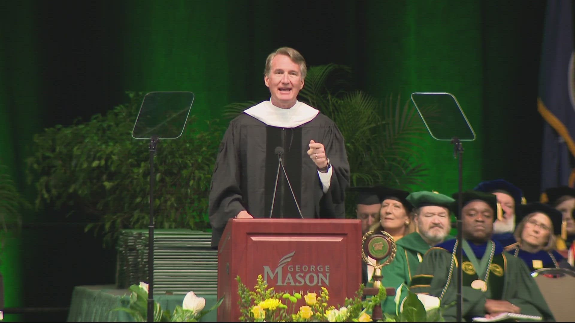 As Gov. Glenn Youngkin (R-Virginia) took the podium Thursday to deliver his commencement speech at George Mason University, some students demonstrated.