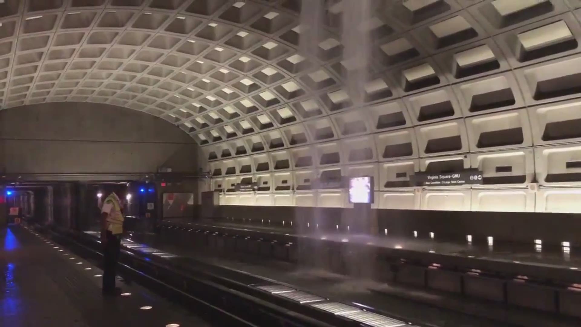 Heavy rain leaked through the roof of Virginia Square Metro Station on Monday.