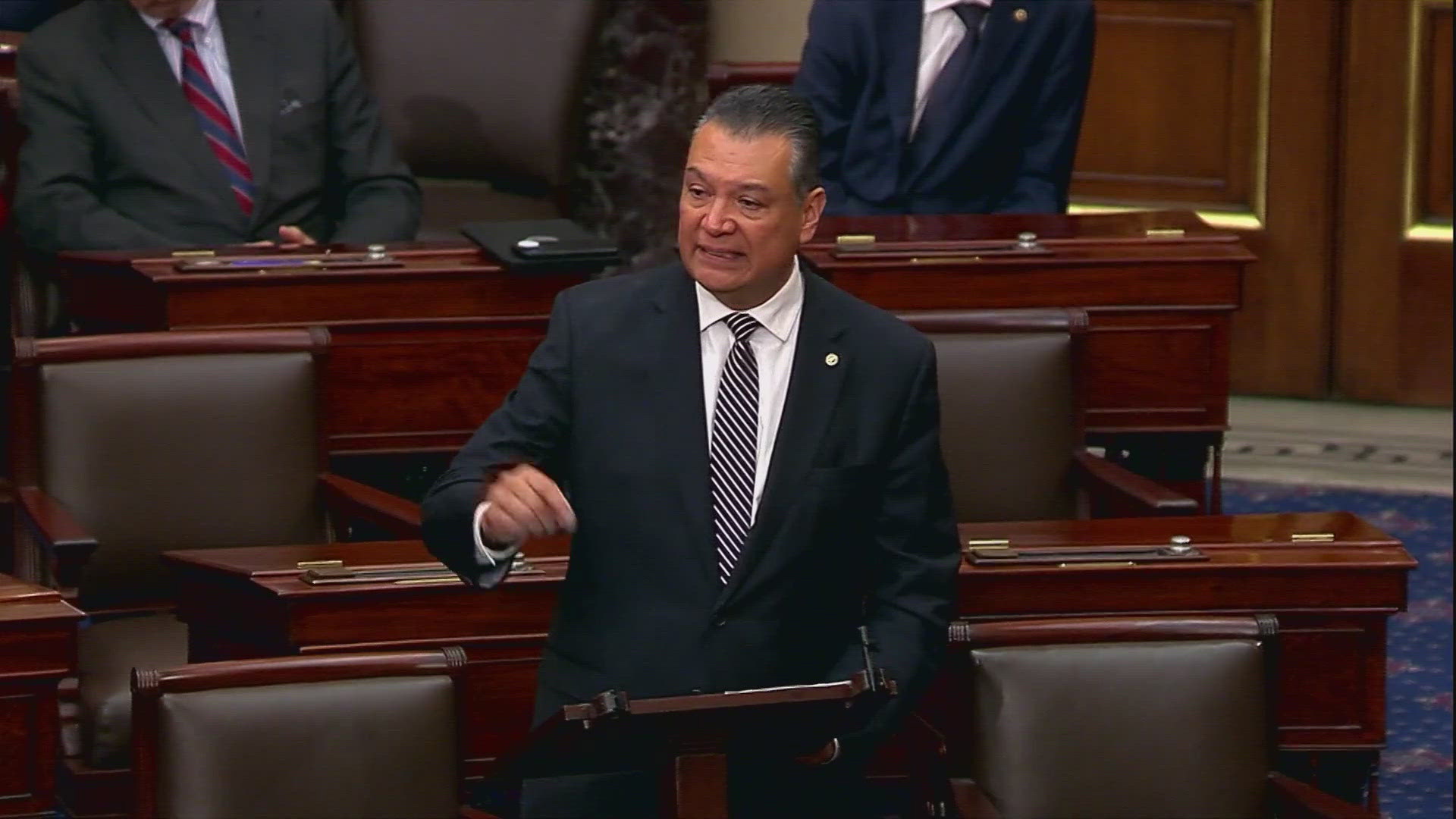 The California senator's speech came after he was thrown out of a room where DHS Secretary Kristi Noem had been speaking. 