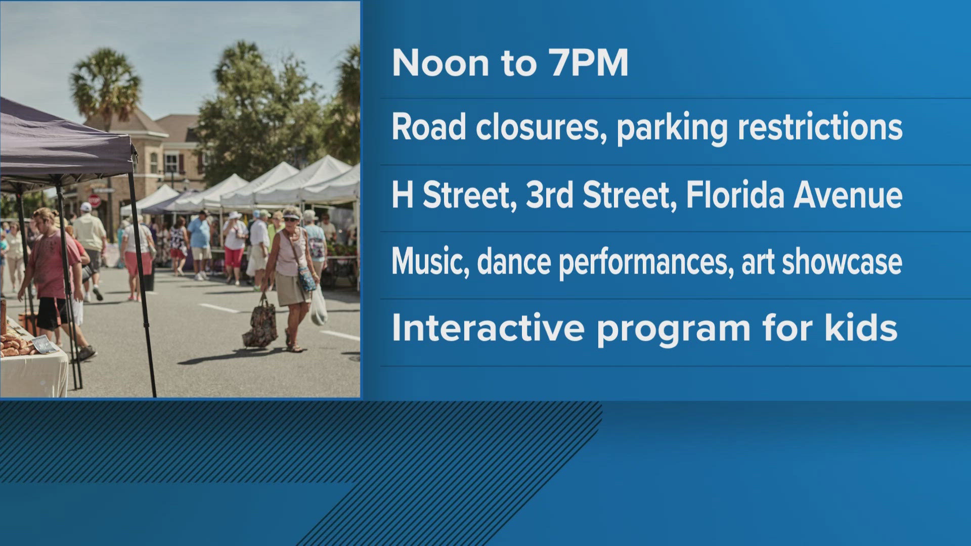 The H Street Festival will go from 12 to 7 p.m. on Saturday. Closures expected on H Street, 3rd Street and Florida Avenue.