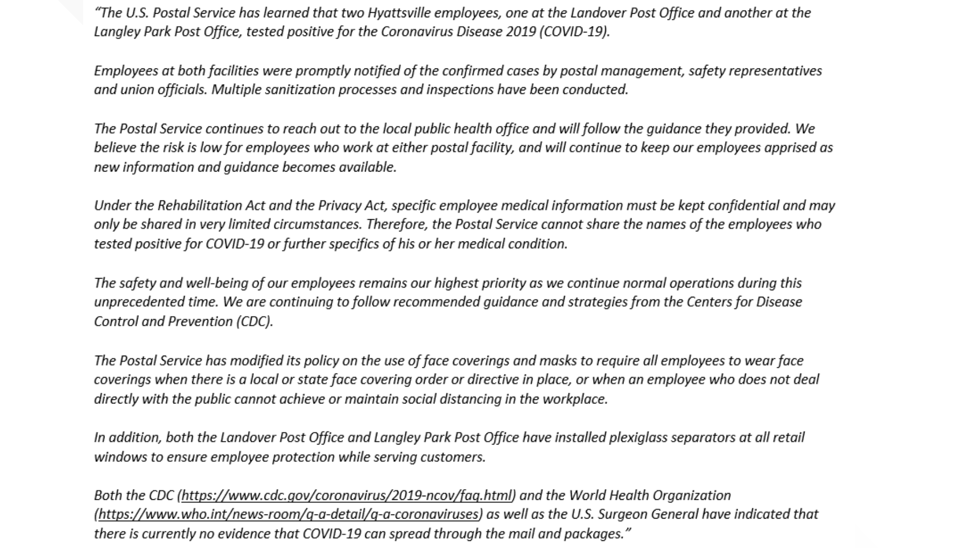 USPS coronavirus Hyattsville employees test positive for COVID19