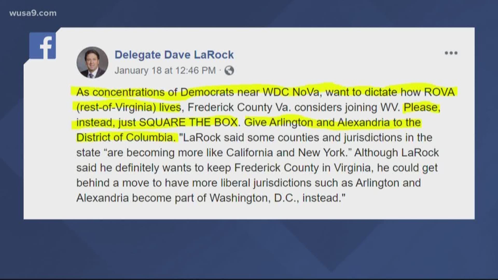 Republican delegate Dave Larock said Democrats in Northern Virginia are trying to "dictate how ROVA [rest of Virginia] lives."