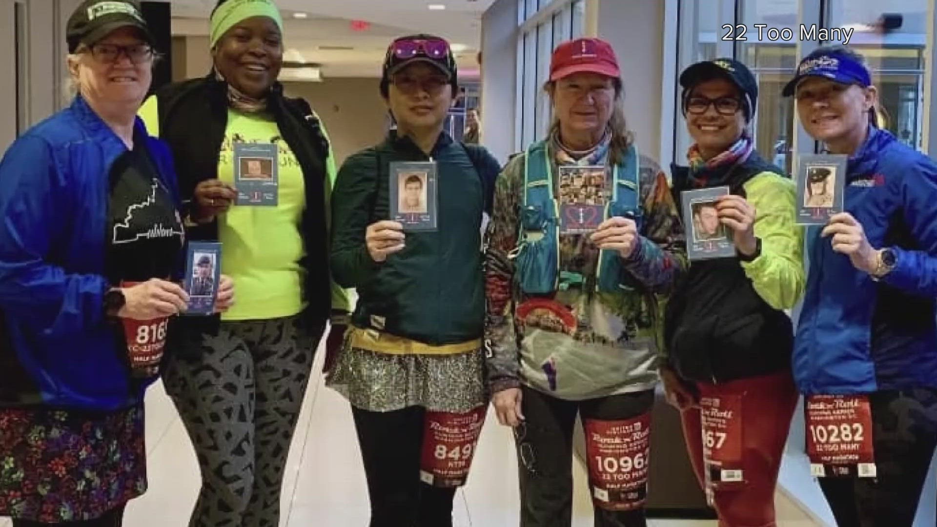 A Silver Spring woman co-founded ’22 Too Many’ and carries photos of deceased veterans while running.