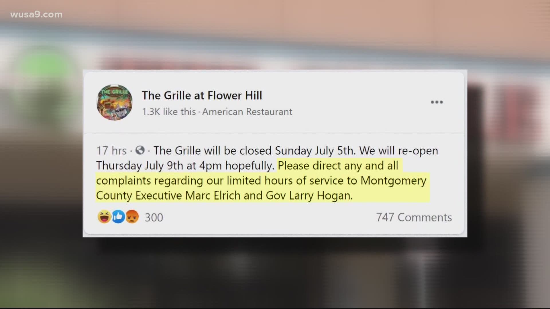 The Grille at Flower Hill was scheduled to reopen Thursday after a visit from Montgomery County Health officials, but instead posted a sign that it was still closed.