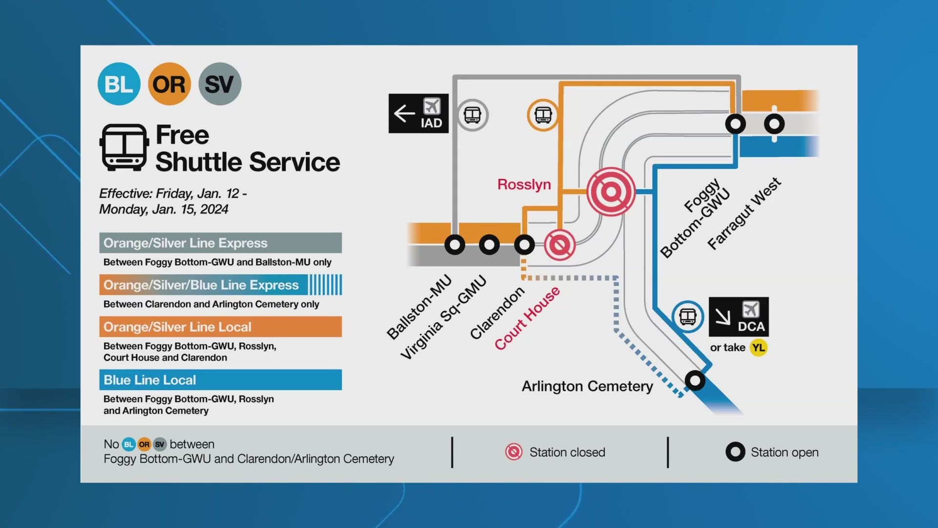 Normal weekday fares will be in effect for the holiday.