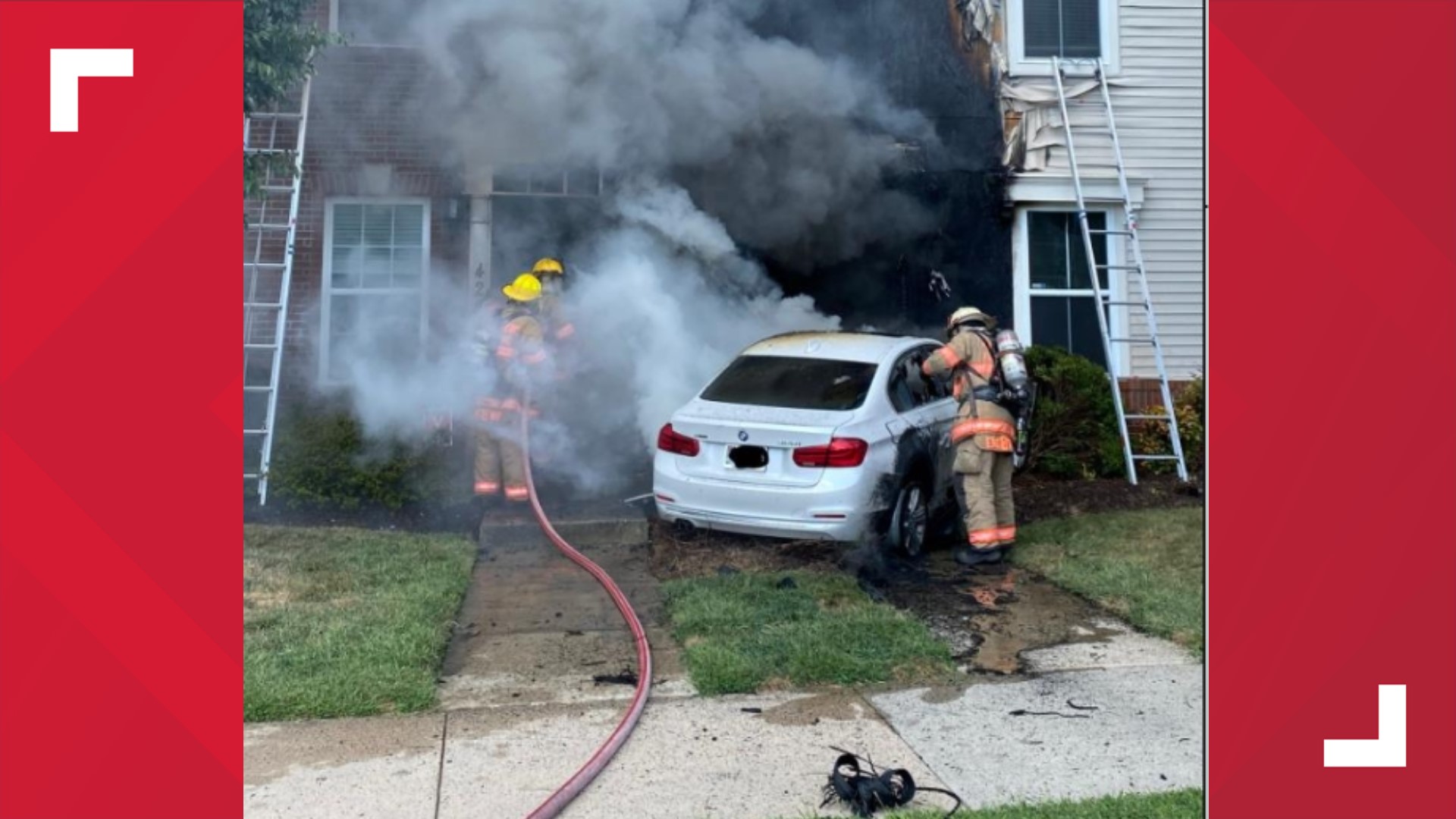 The crash caused the BMW and the building to become engulfed in flames. Two townhomes were damaged.