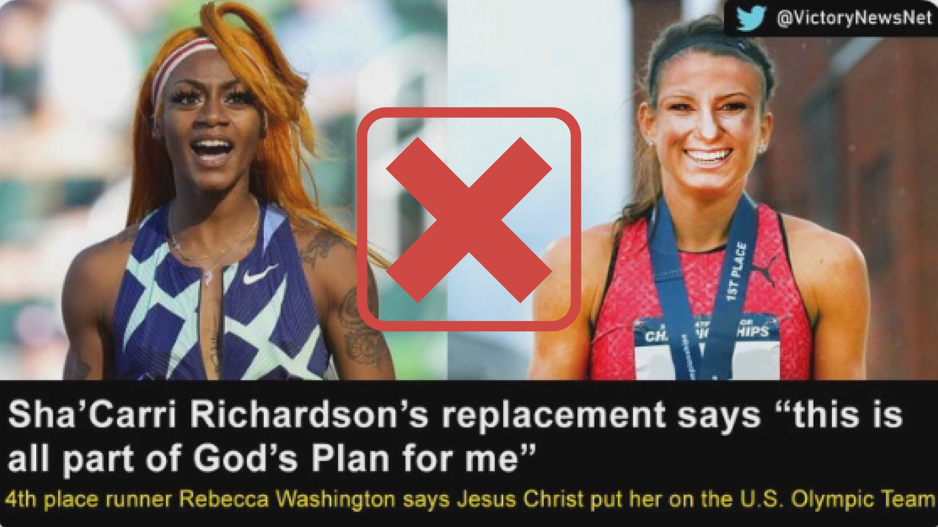 A meme from a parody Twitter account claims a nonexistent runner named Rebecca Washington will replace Sha'Carri Richardson at the Olympics. It's not real.