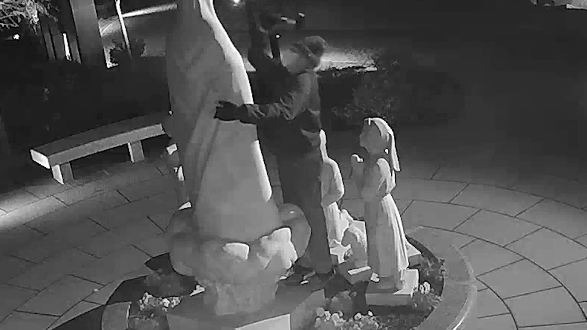 A man was caught on camera cutting off the hands of the statue and damaging the face with a hammer.