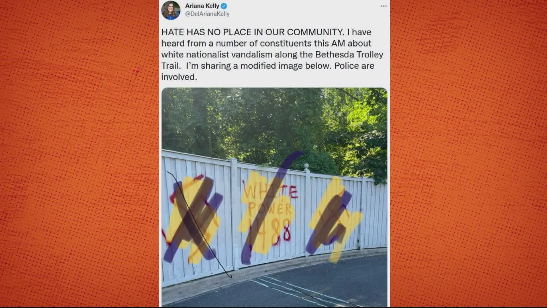 Montgomery County Police are investigating hate symbols spray painted at a Bethesda Trolley Trail.