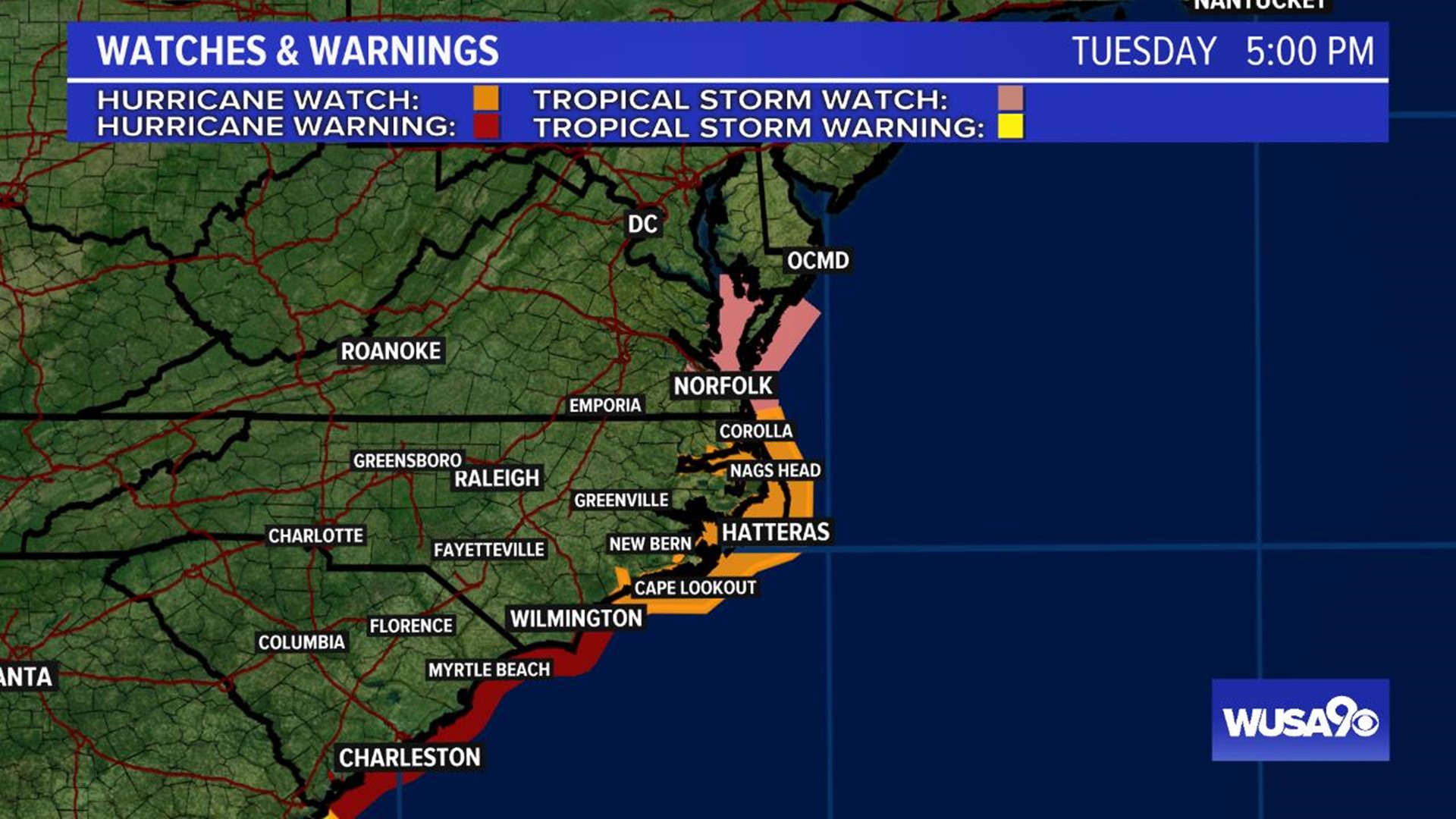 A Tropical Storm Watch has been issued from the North Carolina/Virginia border northward to Chincoteague, Virginia, and for the Chesapeake Bay from Smith Point southward.