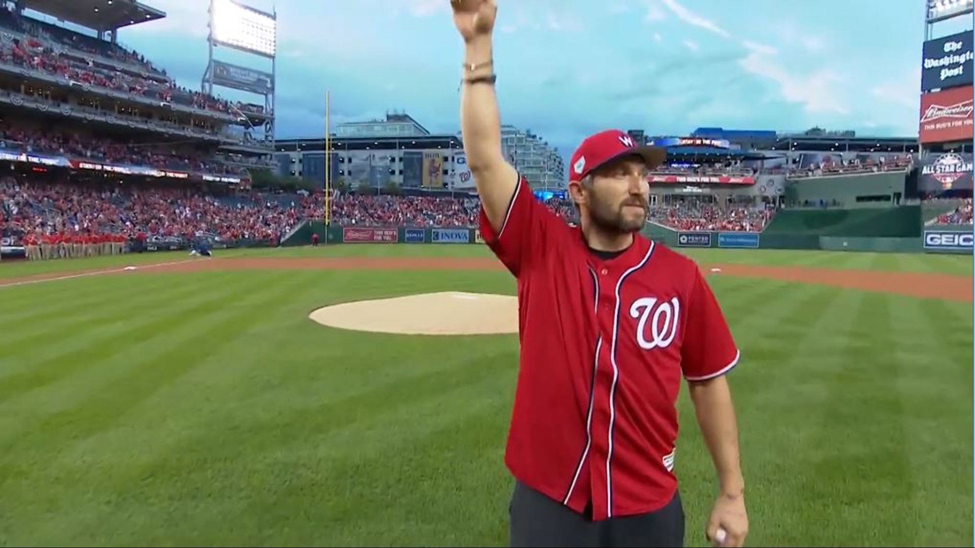 Alexander Ovechkin tossed the first pitch of Game 4 of the NLDS on Monday