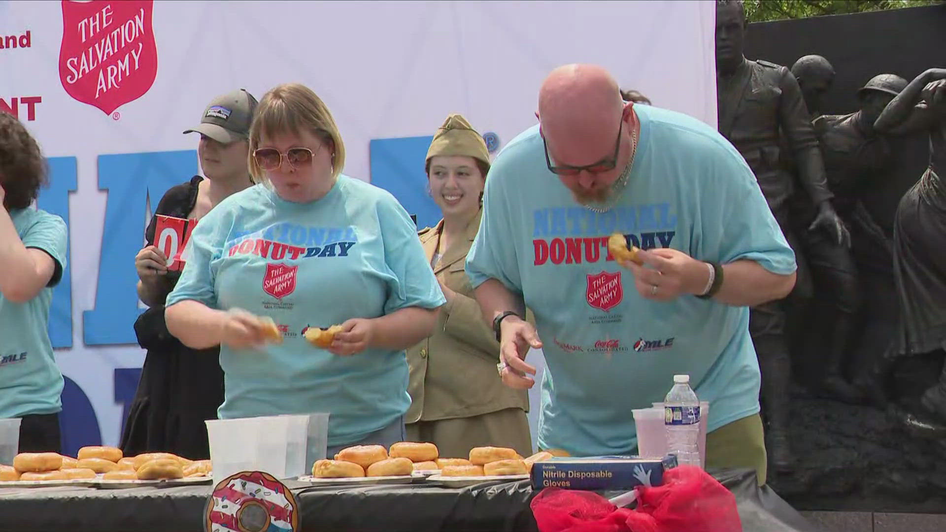 A line-up of competitive eaters came to the National Mall to square off in the Salvation Army's National Donut Day competition.