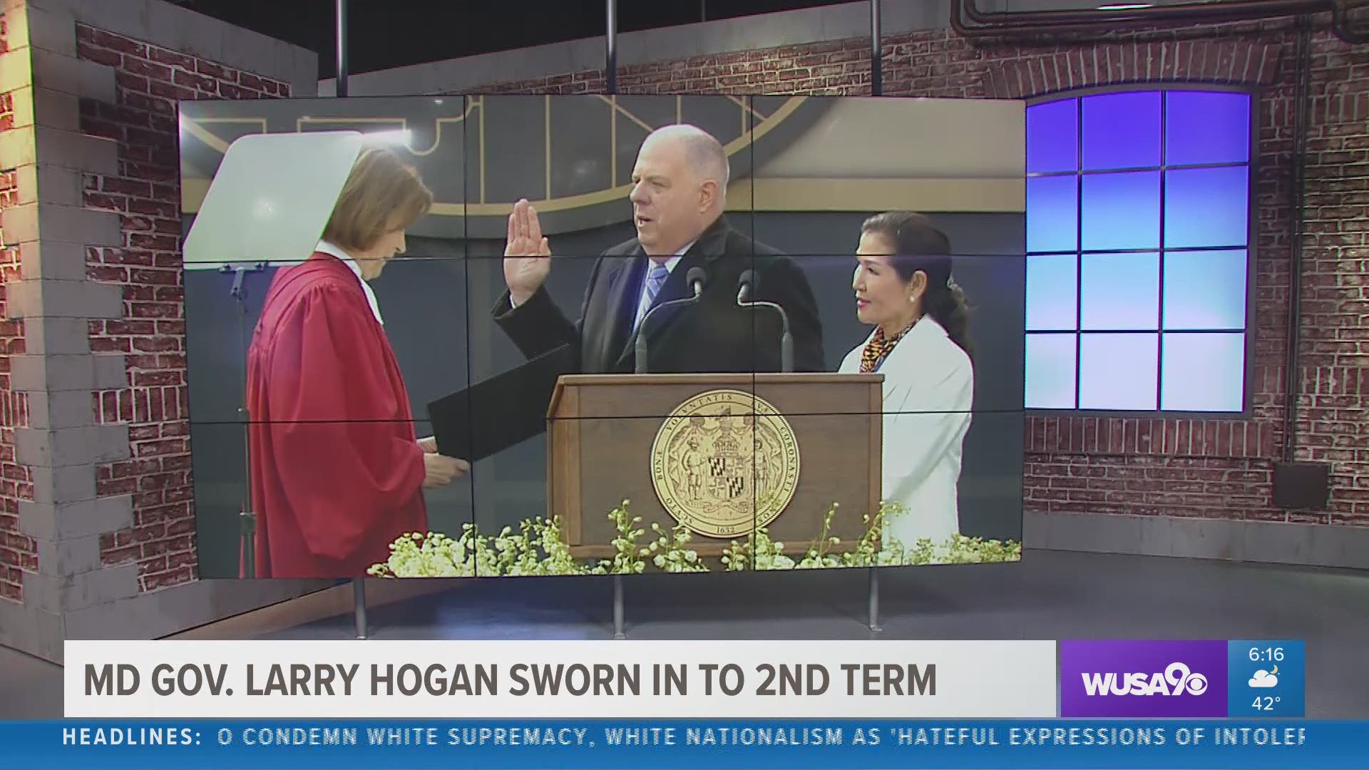 "Let's repudiate the debilitating politics, practiced elsewhere including just down the road in Washington, where insults substitute for debate," Hogan said.