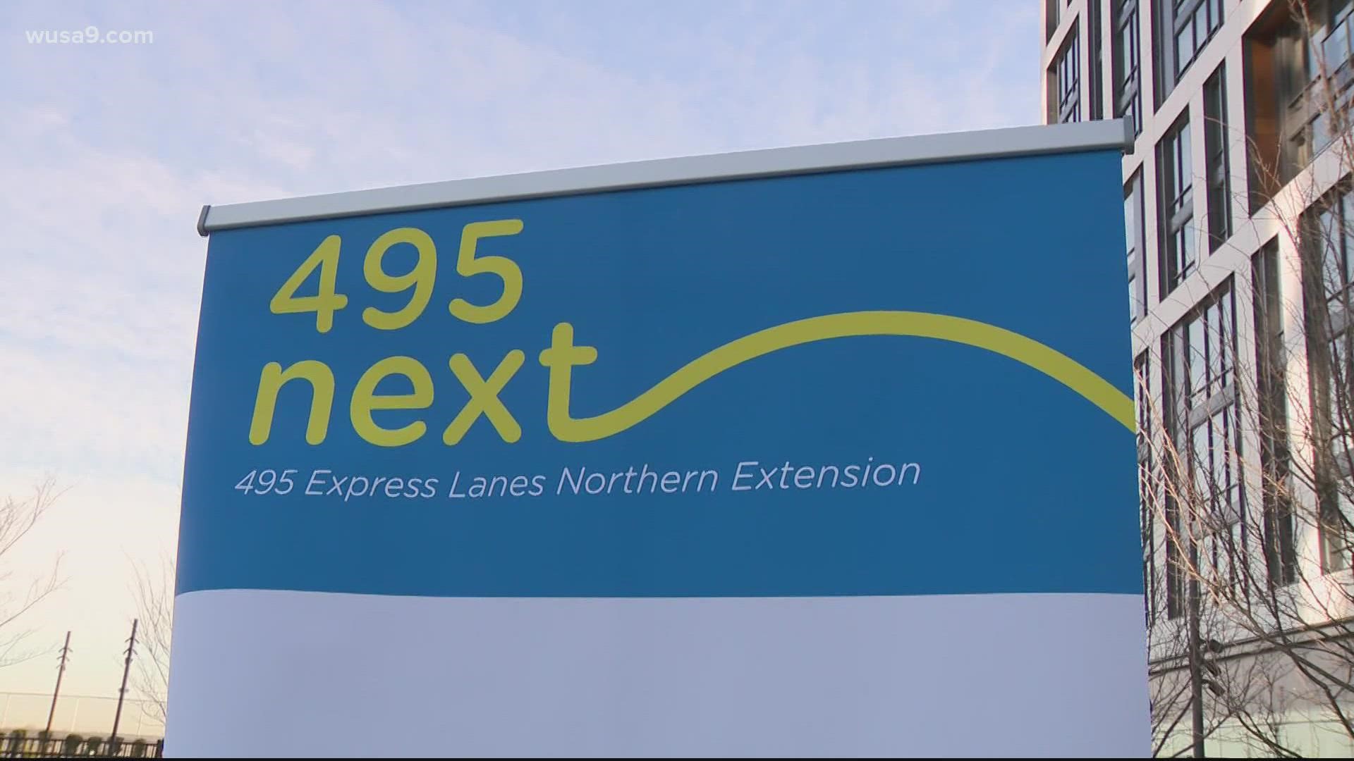 Construction began Monday on a 2.5-mile extension of the express lanes on Interstate 495 between Dulles Corridor and the GW Memorial Parkway in Fairfax.