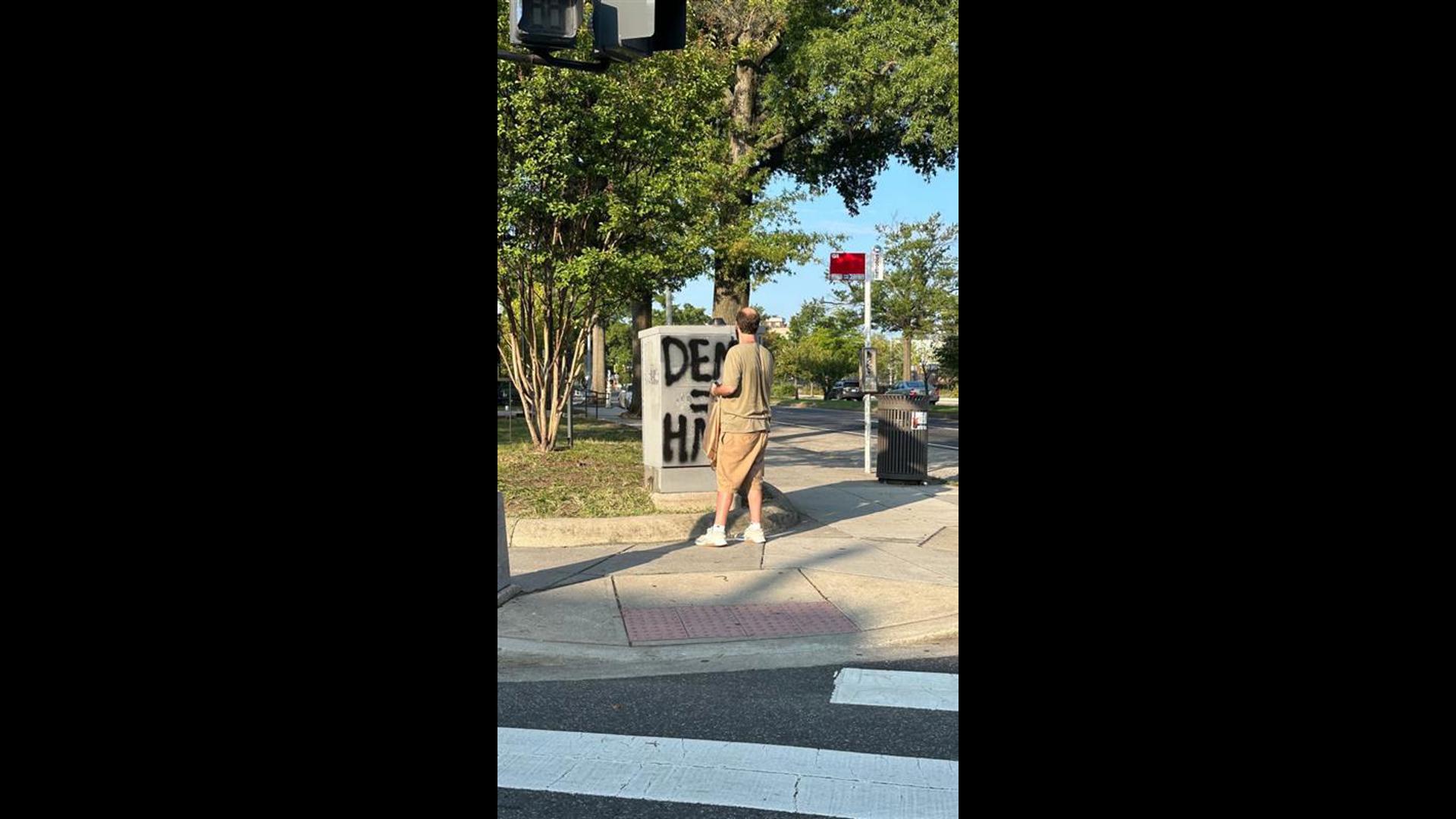 Police are trying to identify the man caught on camera vandalizing Kamala Harris posters and a metrobus stop on P Street in Logan Circle.