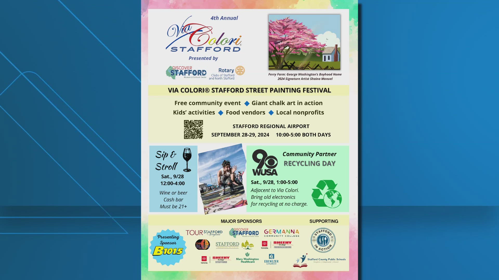 From 10 a.m. through 4 p.m., folks can enjoy a free community event at the Stafford Street Painting Festival! Bring old electronics for recycling at no charge.