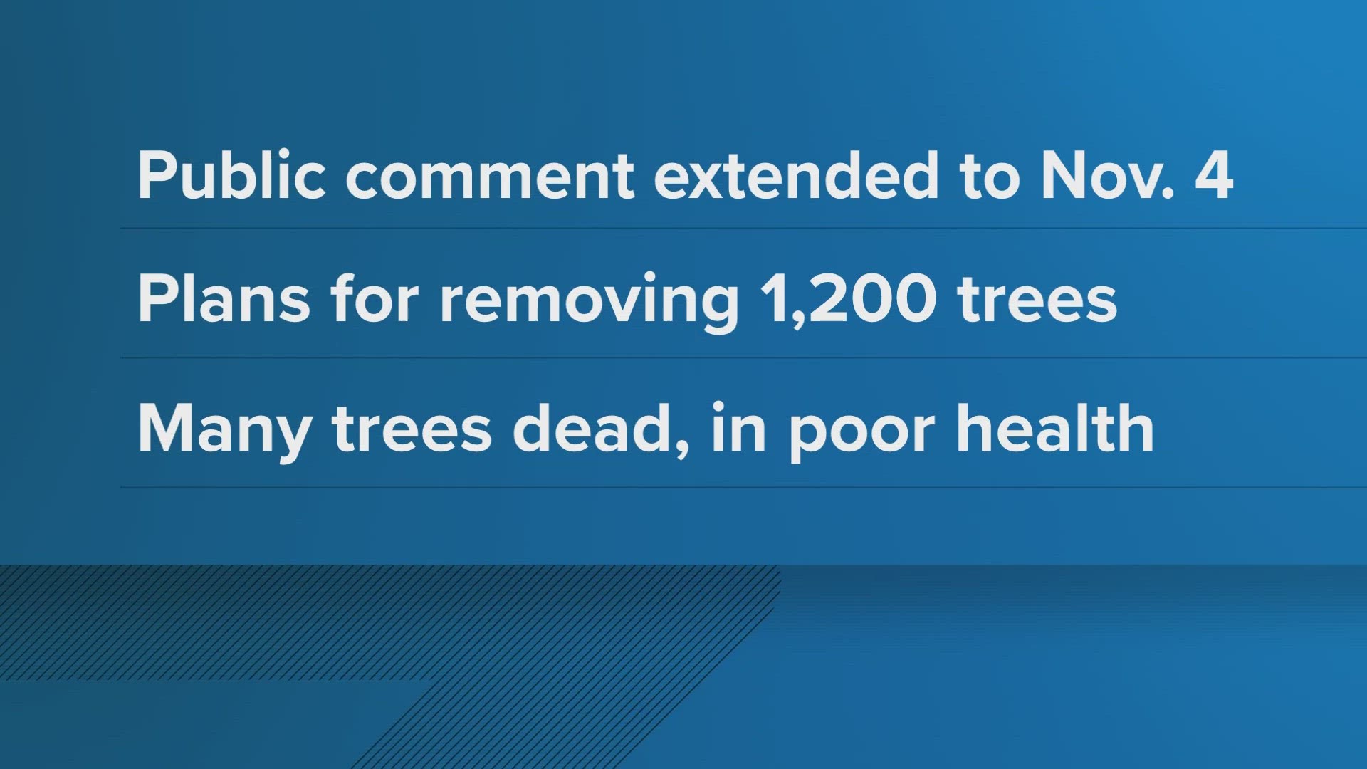 Many of the trees are dead or in poor health. The plan would replace the trees with healthy, native varieties.