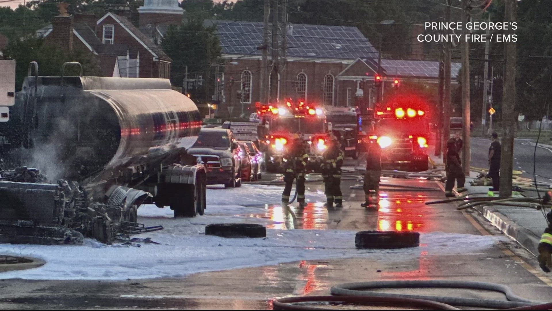 The cab of a fuel tanker was destroyed by fire and explosion Tuesday night in Hyattsville, Maryland. No injuries were reported, officials said.