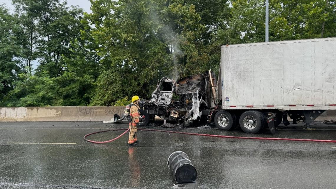 Tractor trailer catches fire after crash, causing major delays | wusa9.com