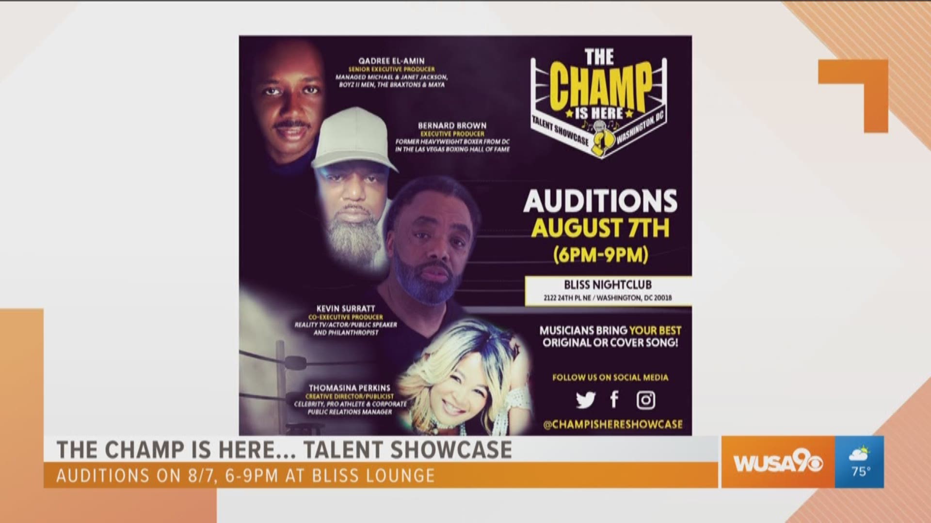 The Champ is here is a talent showcase that is placing the spotlight on the endless talent in the DMV area. Qadree El-Amin, Bernhard Brown, Kevin Surratt and Thomasina Perkins all weigh in on the showcase and the importance it holds. For questions regarding the showcase, email inquires@capitolpublicrelations.com and include Champ in the subject line.
