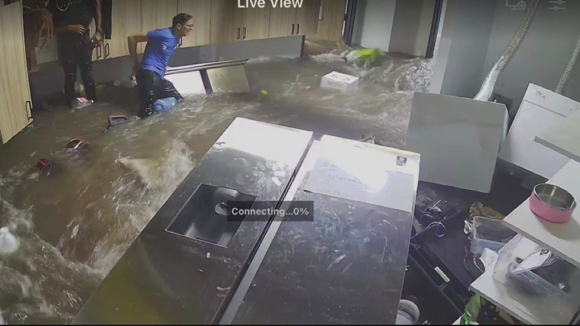 Surveillance video screenshots show fallen refrigerator blocked access to dog cages during Aug. 14 flood. Images in this story may be disturbing to some viewers.