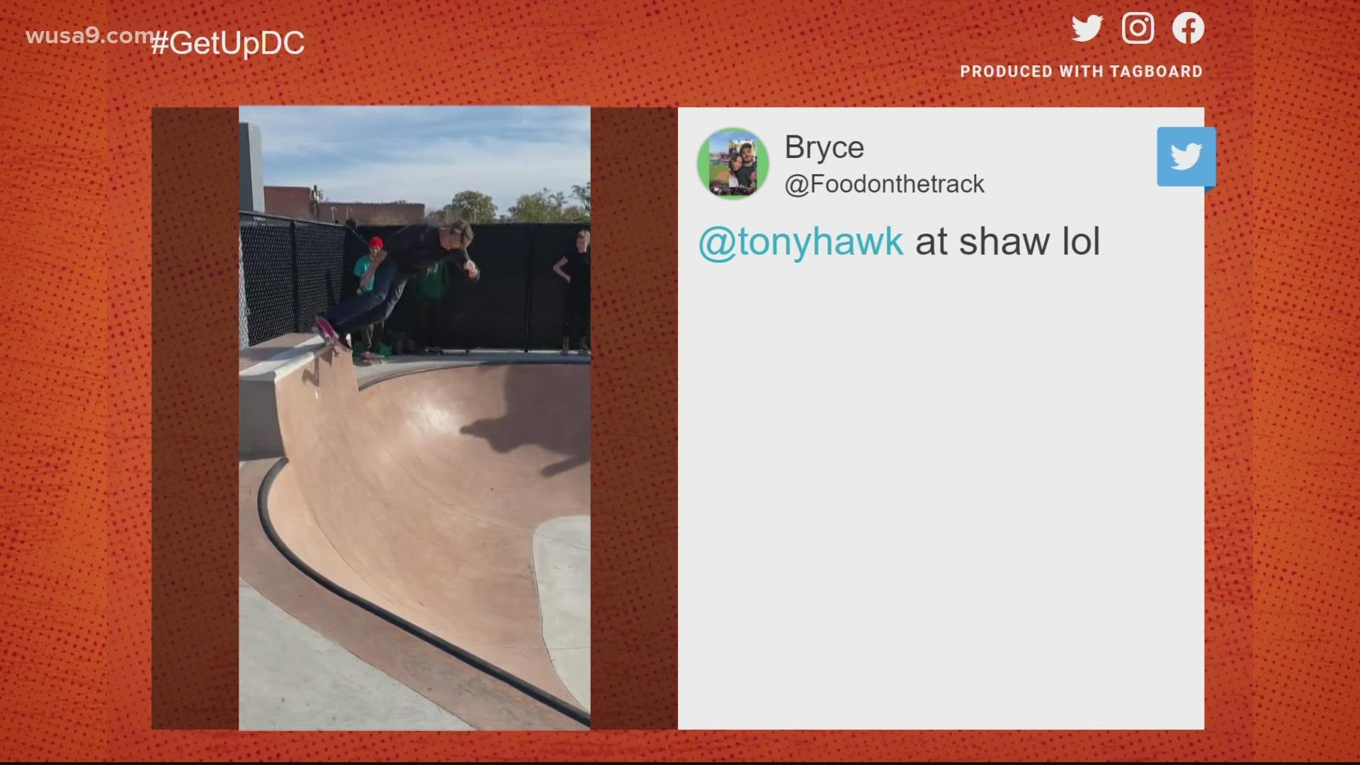 The legendary skateboarder casually dropped in at Shaw skate park.