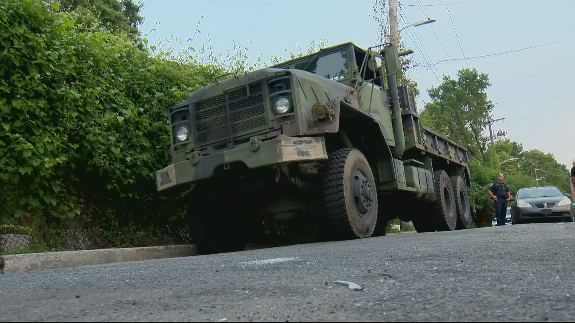 Police say 38-year-old Michael Stevens stole a 5-ton military vehicle.