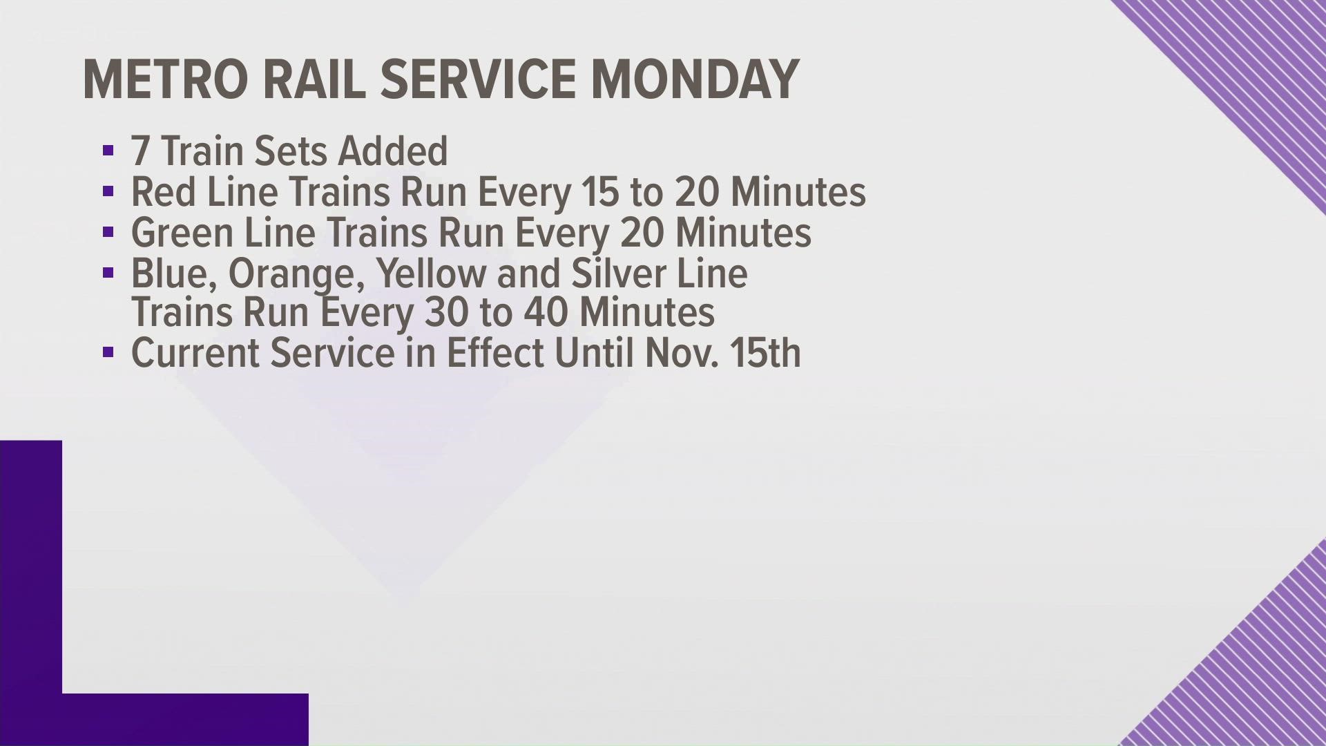 WMATA said it will have 39 trains in service starting Monday, improving Green Line service to every 20 minutes.