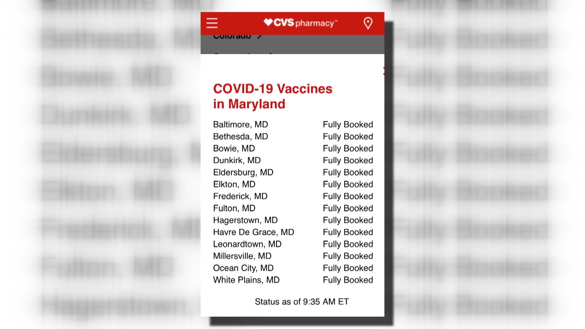 CVS locations in 18 cities in Maryland were fully booked in an hour.