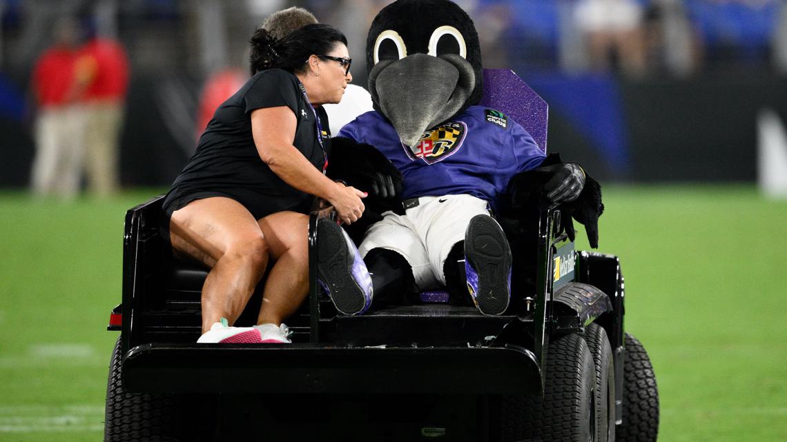 Ravens mascot, Poe, carted off field after injury during halftime