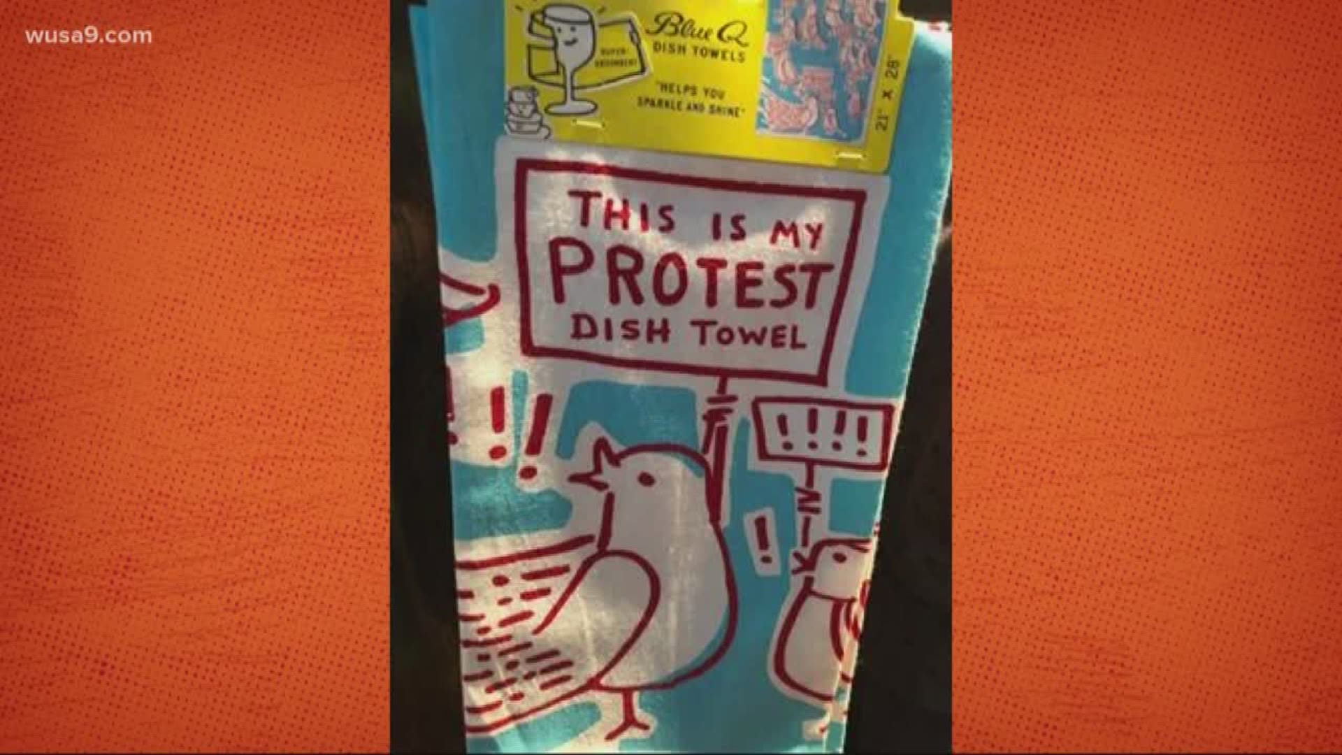 D.C. institution Busboys and Poets has you covered with the Protest Dish Towel so if you need to protest in your kitchen, you've got something to raise up over your head and spin like a helicopter!