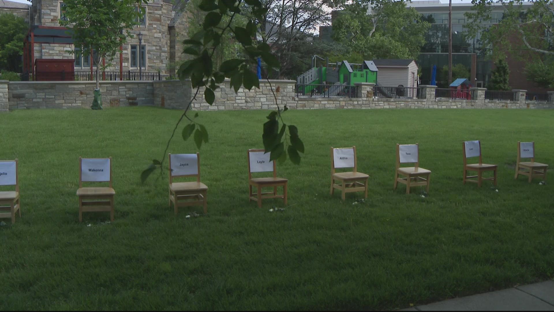 The Gun Violence Prevention Team of National United Methodist Church set out chair on its campus to honor those killed in the school shooting